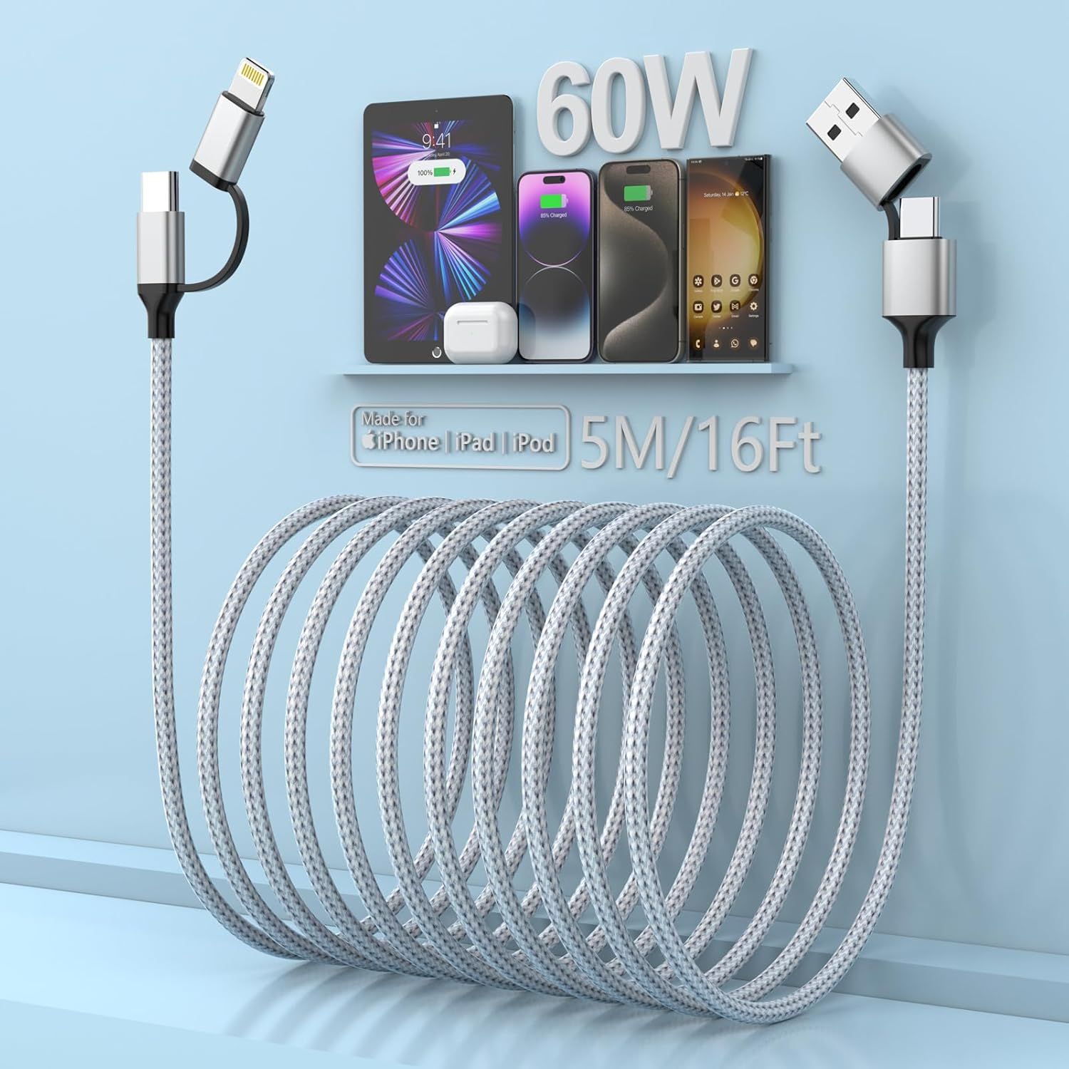 Cable KALANKA 60W 4 en 1 USB C a Lightning (5M) [Certificado Apple MFi]