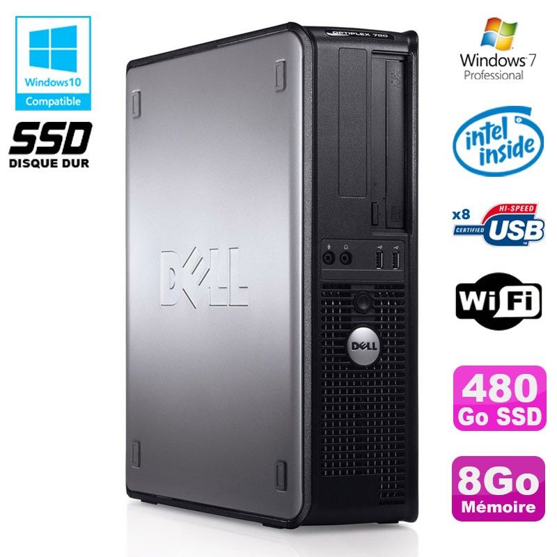 Ordinateur de bureau Dell Optiplex 760 DT - Processeur Intel E5200 2,5 GHz, 8 Go DDR2, 480 Go SSD, Wi-Fi, Windows 7