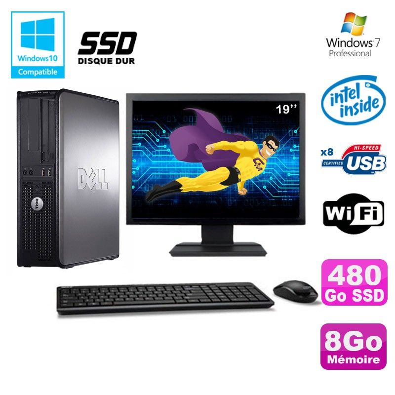 Dell Optiplex 760 DT Desktop PC - Intel E5200 2.5GHz, 8GB DDR2, 480GB SSD, WiFi, Windows 7 + 19-inch Screen