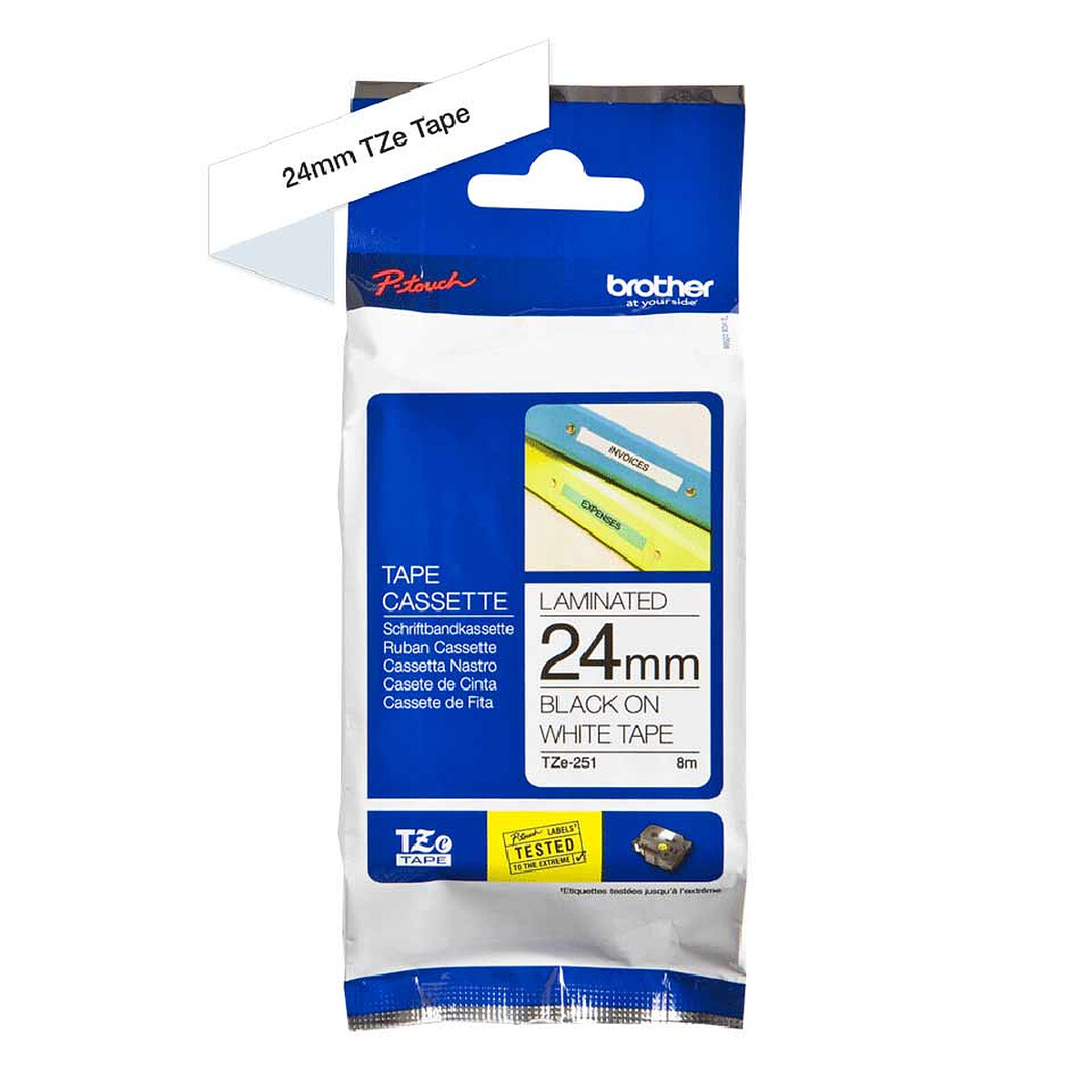 Ruban d'étiquette Brother TZe-251 (24mm x 8m, Noir/Blanc)