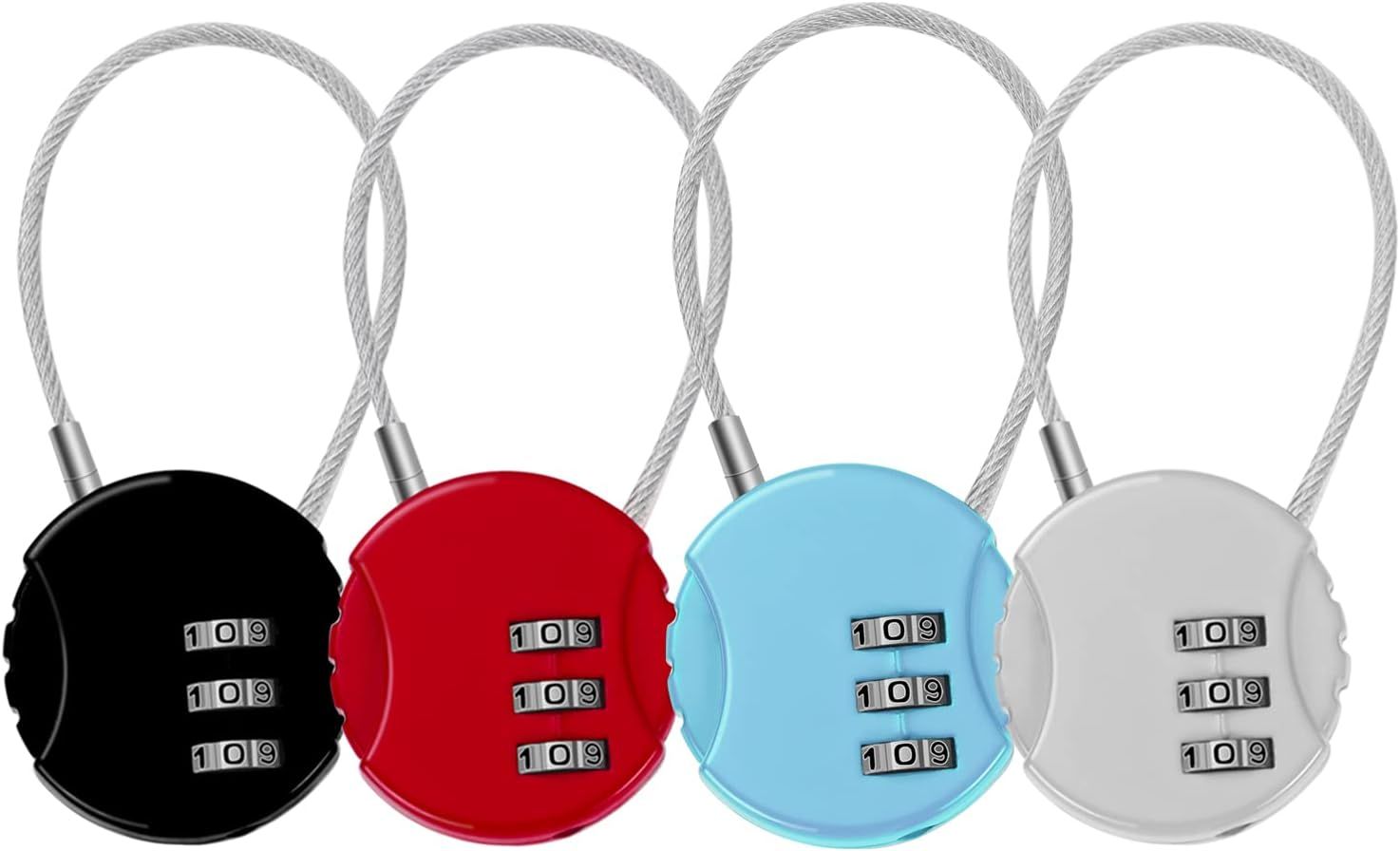 4-Pack Combination Padlock with Cable, Travel Bag Lock for Suitcases and Cases (4 Colors)