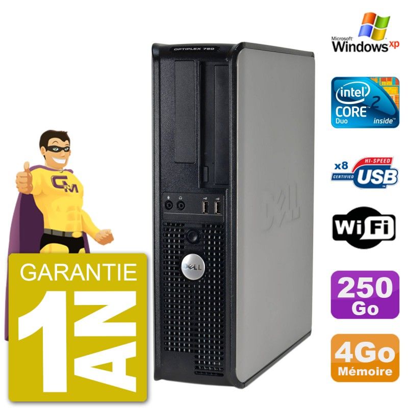 Ordinateur de bureau Dell Optiplex 760 DT - Processeur Intel E7500, 4 Go de RAM, disque dur de 250 Go, graveur DVD, Wi-Fi, Windows XP Pro