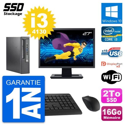 Mini PC HP 800 G1 USDT avec écran 27'', processeur Intel i3-4130, 16 Go de RAM, SSD 2 To, Windows 10, Wifi