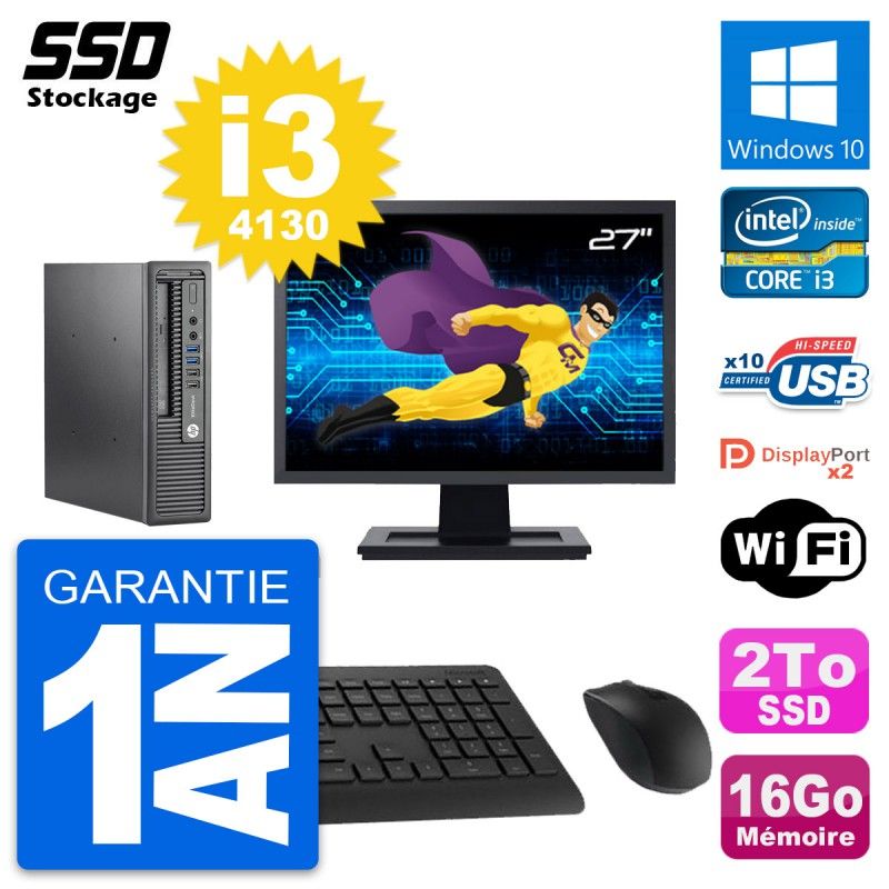 HP Mini PC 800 G1 USDT with 27" Screen, Intel i3-4130, 16GB RAM, 2TB SSD, Windows 10, Wifi