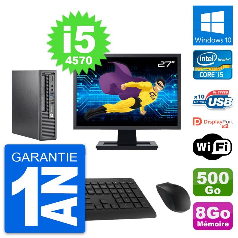 HP Mini PC 800 G1 USDT with 27" Screen, i5-4570, 8GB RAM, 500GB HDD, Windows 10, WiFi