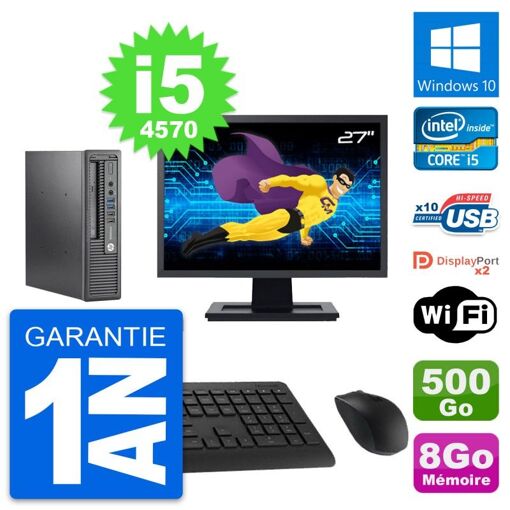 Ordinateur de bureau mini HP 800 G1 USDT avec écran 27", processeur i5-4570, 8 Go de RAM, disque dur 500 Go, Windows 10, WiFi