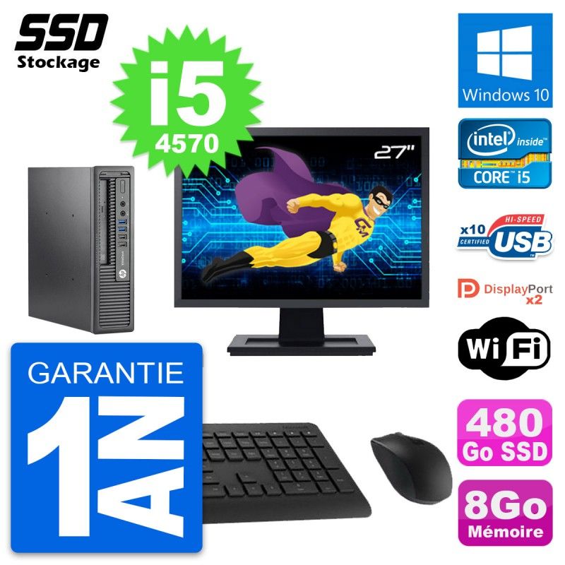 HP Mini PC 800 G1 USDT with 27" Screen, Intel i5-4570, 8GB RAM, 480GB SSD, Windows 10, WiFi