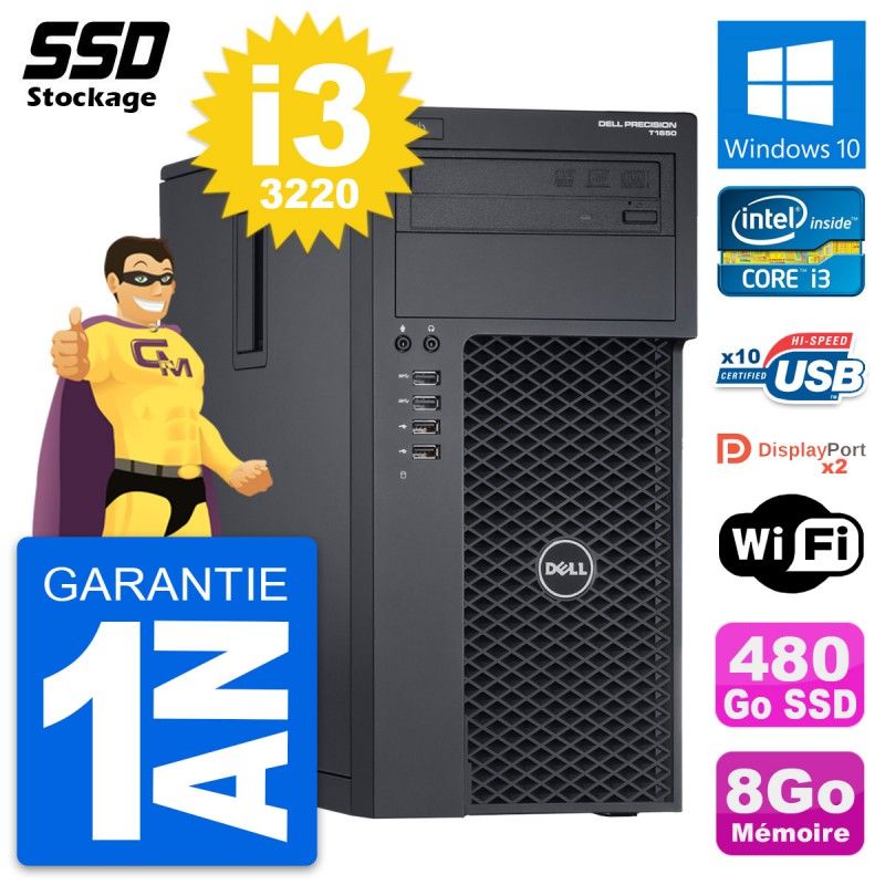 Dell Precision T1650 MT Desktop Computer - Intel i3-3220, 8GB RAM, 480GB SSD, Windows 10, WiFi