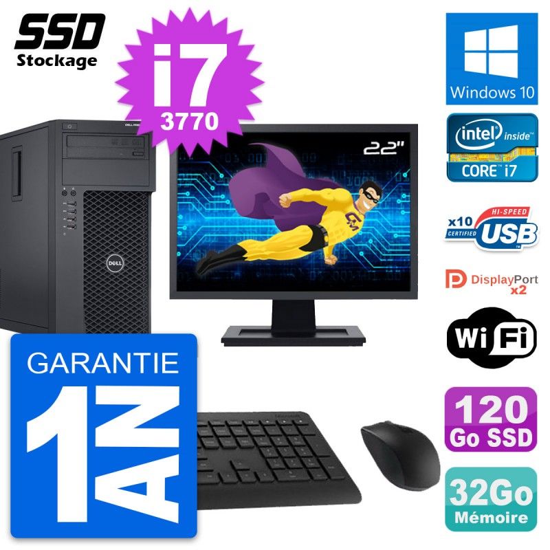 Dell Precision T1650 MT Desktop Computer - 22" Screen, Intel i7-3770, 32GB RAM, 120GB SSD, Windows 10, WiFi