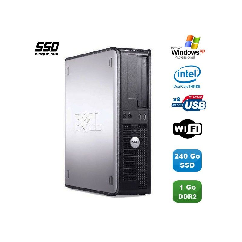 Ordinateur Dell Optiplex 760 DT - Processeur Intel E5200 2,5 GHz, 1 Go de RAM, Disque SSD 240 Go, WiFi, Windows XP Professionnel