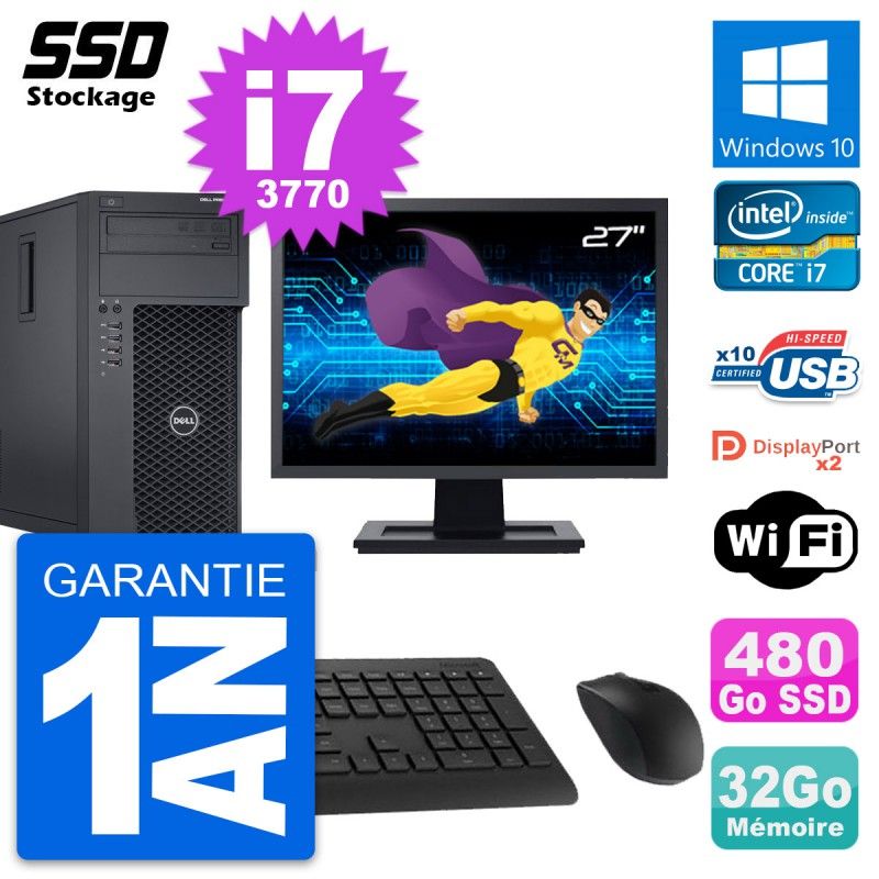 Dell Precision T1650 MT Desktop Computer - 27" Screen, Intel i7-3770, 32GB RAM, 480GB SSD, Windows 10, WiFi