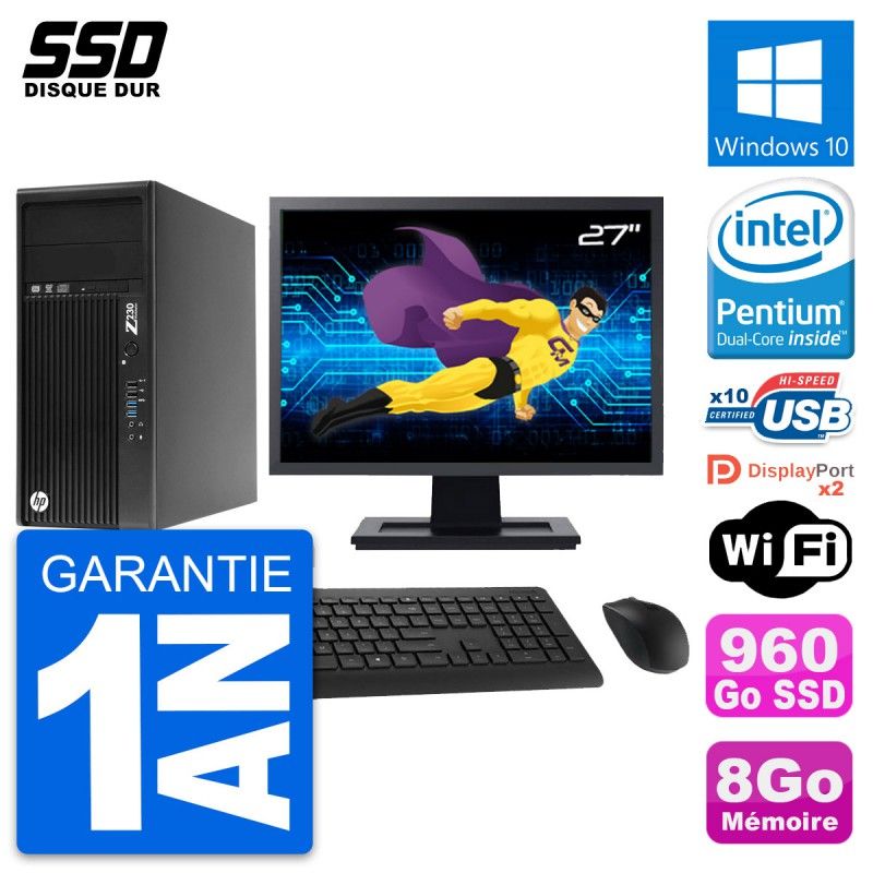 HP Z230 Desktop PC - 27" Screen, Intel Pentium G3220, 8GB RAM, 960GB SSD, Windows 10, WiFi