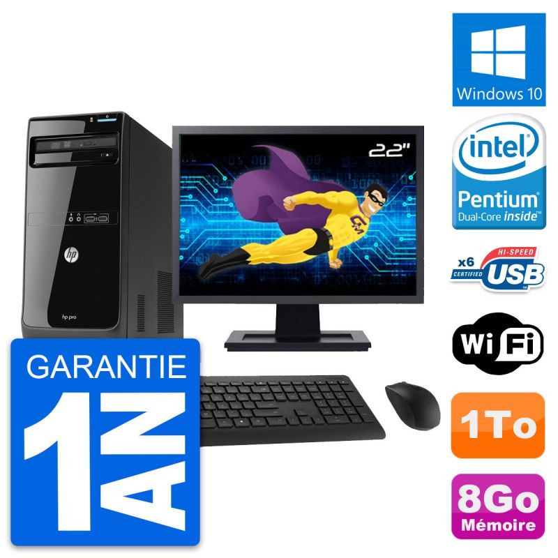 HP Pro 3400 MT Desktop Computer, 22" Screen, Pentium G630, 8GB RAM, 1TB HDD, Windows 10, WiFi