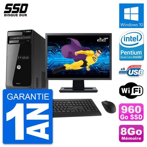 HP Pro 3400 MT Desktop PC - 22" Screen, Pentium G630, 8GB RAM, 960GB SSD, Windows 10, WiFi
