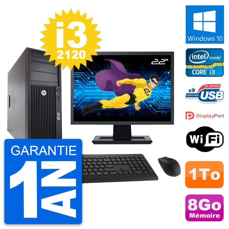 HP WorkStation Z220 Desktop PC - 22" Screen, i3-3220, 8GB RAM, 1TB HDD, Windows 10, Wifi