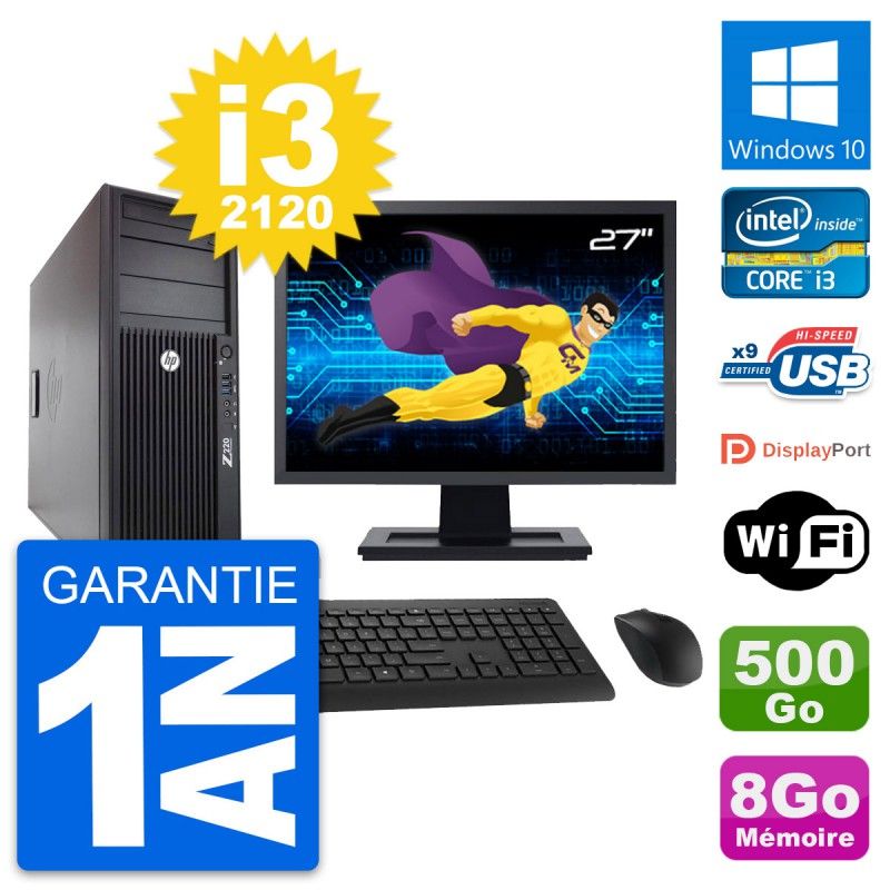 HP Z220 Workstation PC - 27" Screen, Intel i3-3220, 8GB RAM, 500GB HDD, Windows 10, WiFi