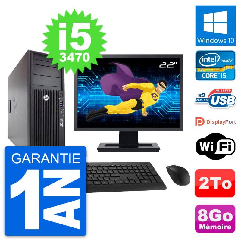 HP WorkStation Z220 Desktop PC - 22" Screen, i5-3470, 8GB RAM, 2TB HDD, Windows 10, WiFi