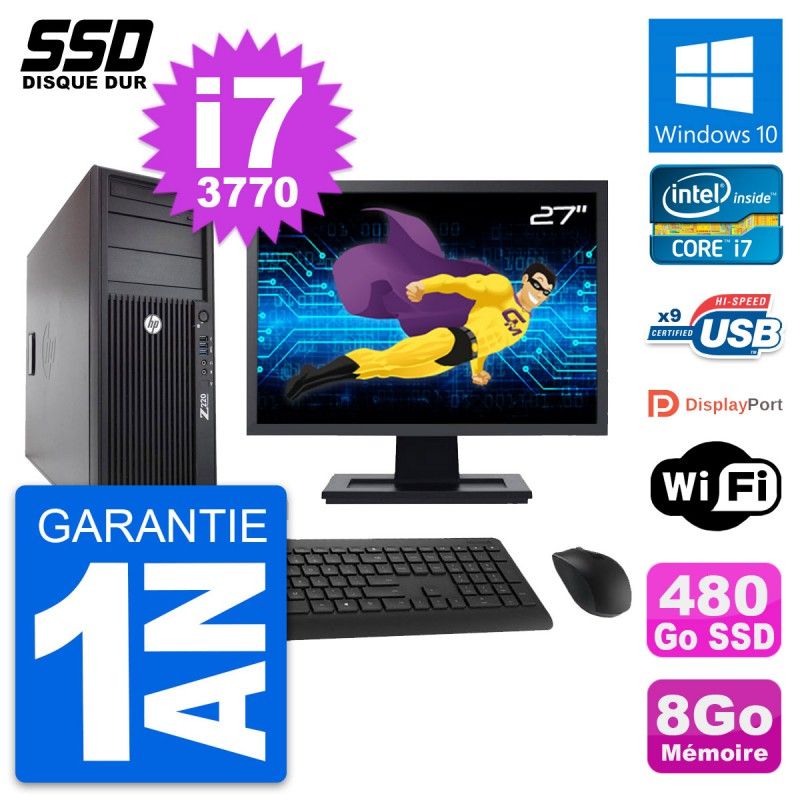 Station de travail HP Z220 - Écran 27'', Intel Core i7-3770, 8 Go RAM, 480 Go SSD, Windows 10, Wi-Fi