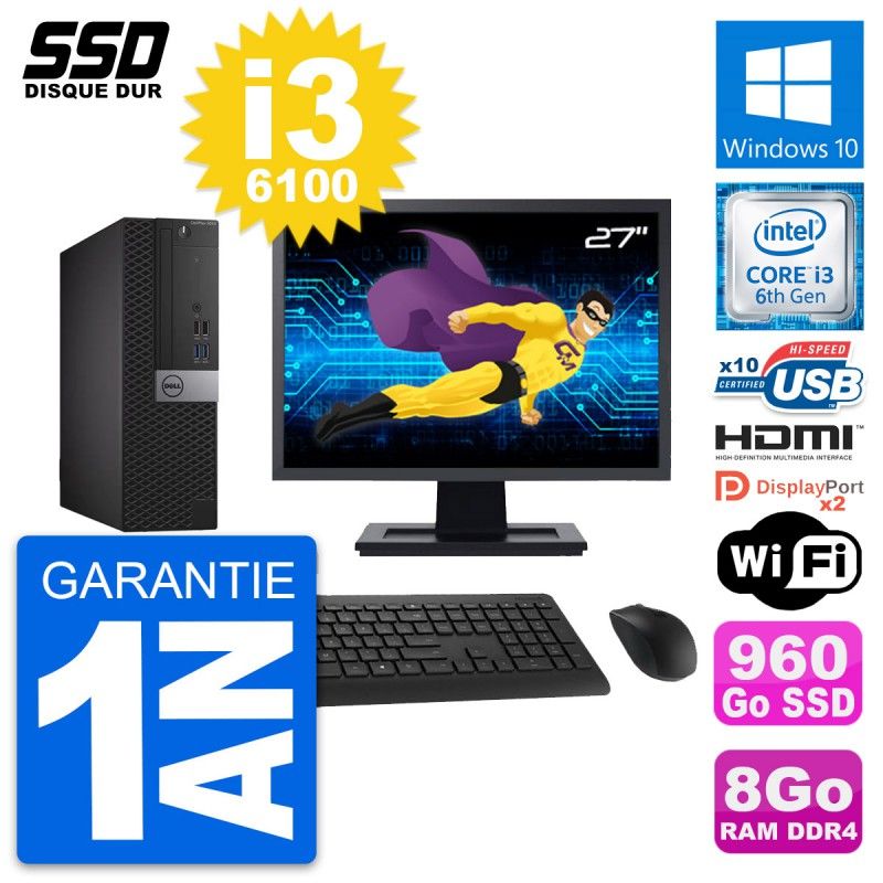 Dell OptiPlex 5050 SFF Desktop Computer - 27" Screen, Intel i3-6100, 8GB RAM, 960GB SSD, HDMI, Windows 10, WiFi