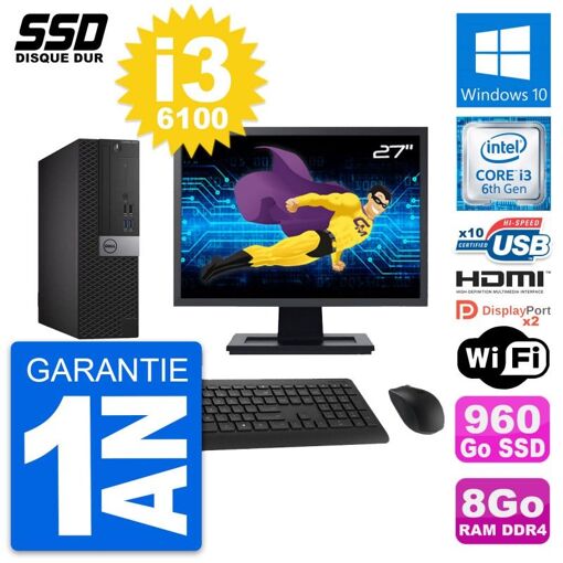 Dell OptiPlex 5050 SFF Desktop Computer - 27" Screen, Intel i3-6100, 8GB RAM, 960GB SSD, HDMI, Windows 10, WiFi