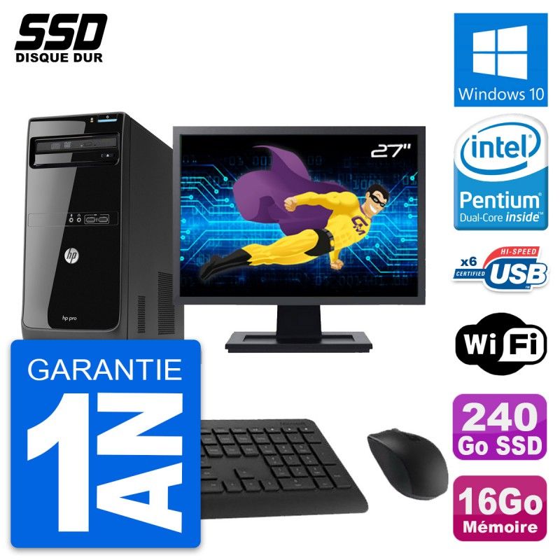 HP Pro 3500 MT Desktop Computer, 27" Screen, Intel G2020, 16GB RAM, 240GB SSD, Windows 10, WiFi