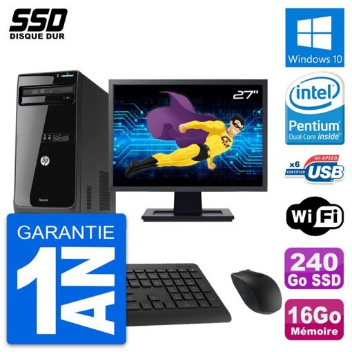 Ordinateur de bureau HP Pro 3500 MT, écran 27'', processeur Intel G2020, 16 Go de RAM, 240 Go SSD, Windows 10, WiFi