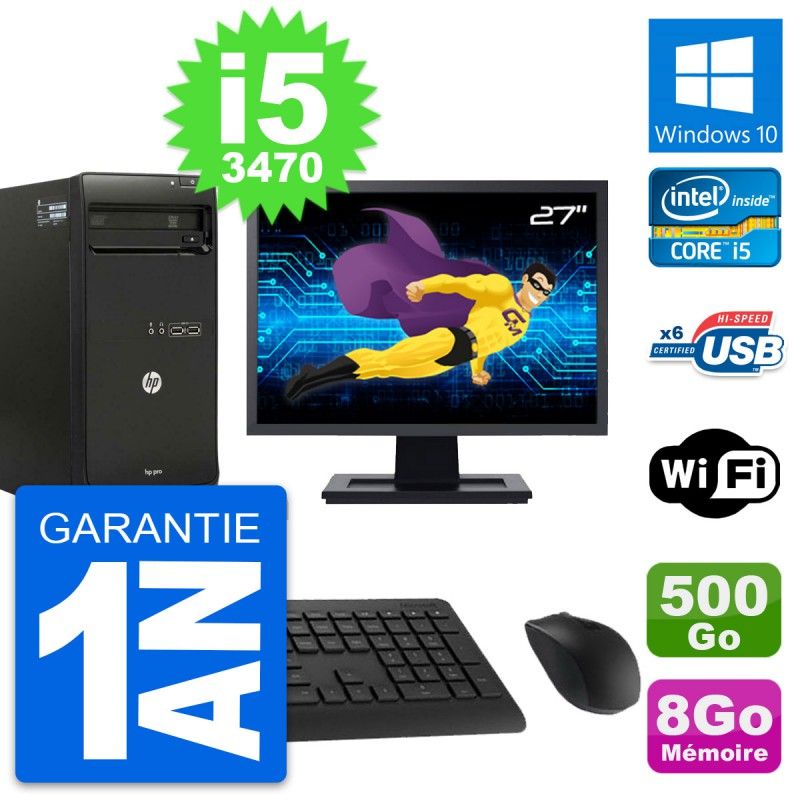 HP Pro 3500 Desktop PC - 27" Display, Intel i5-3470, 8GB RAM, 500GB HDD, Windows 10, WiFi