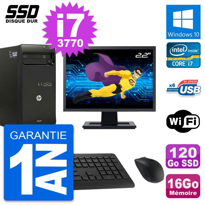 HP Pro 3500 Desktop PC - 22" Screen, Core i7-3770, 16GB RAM, 120GB SSD, Windows 10, WiFi