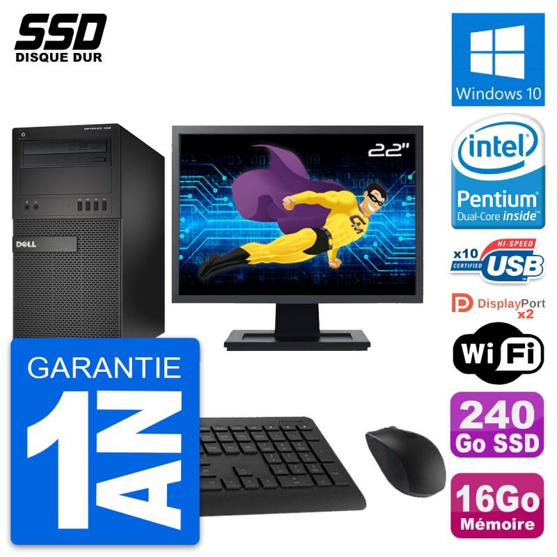 Dell OptiPlex XE2 MT Desktop Computer, 22" Screen, Intel Pentium G3220, 16GB RAM, 240GB SSD, Windows 10, WiFi
