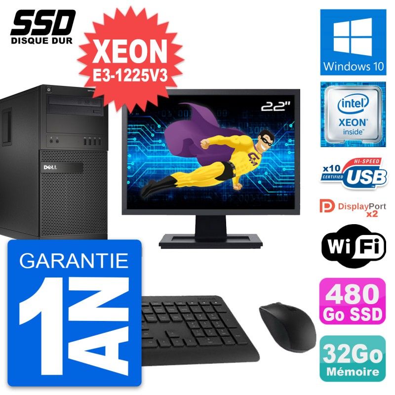 Dell OptiPlex XE2 MT Desktop Computer, 22-inch Screen, Xeon E3-1225 V3, 32GB RAM, 480GB SSD, Windows 10, WiFi