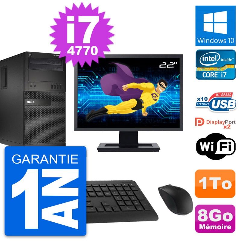 Dell OptiPlex XE2 MT Desktop Computer, 22" Screen, Intel i7-4770, 8GB RAM, 1TB HDD, Windows 10, WiFi