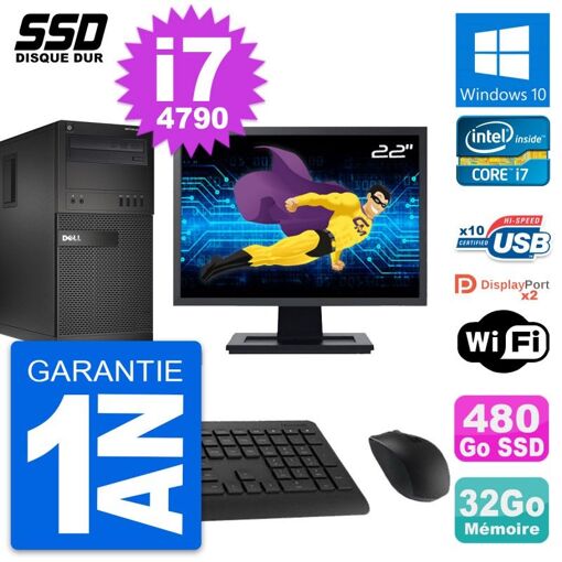 Computadora de escritorio Dell OptiPlex XE2 MT - Pantalla de 22', Intel i7-4790, 32 GB de RAM, 480 GB SSD, Windows 10