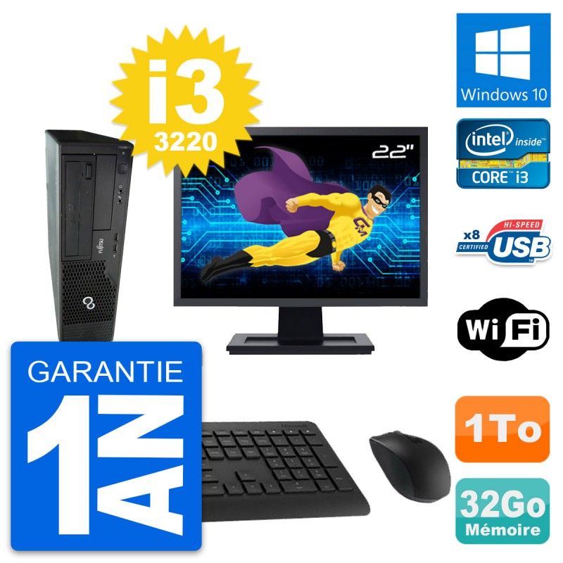 Fujitsu E510 DT 22-inch Screen, Intel i3-3220, 32GB RAM, 1TB HDD, Windows 10, WiFi