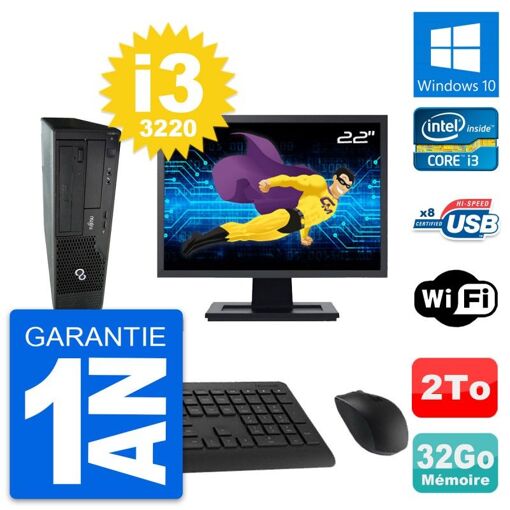 Ordinateur de bureau Fujitsu E510 DT 22 pouces - Intel i3-3220, 32 Go de RAM, 2 To HDD, Windows 10, WiFi