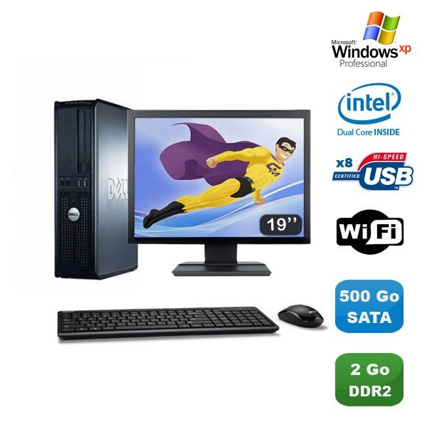 Ordinateur de bureau Dell Optiplex 760 DT - Double cœur E5200, 2,5 GHz, 2 Go de RAM, 500 Go HDD, Wi-Fi, Écran 19