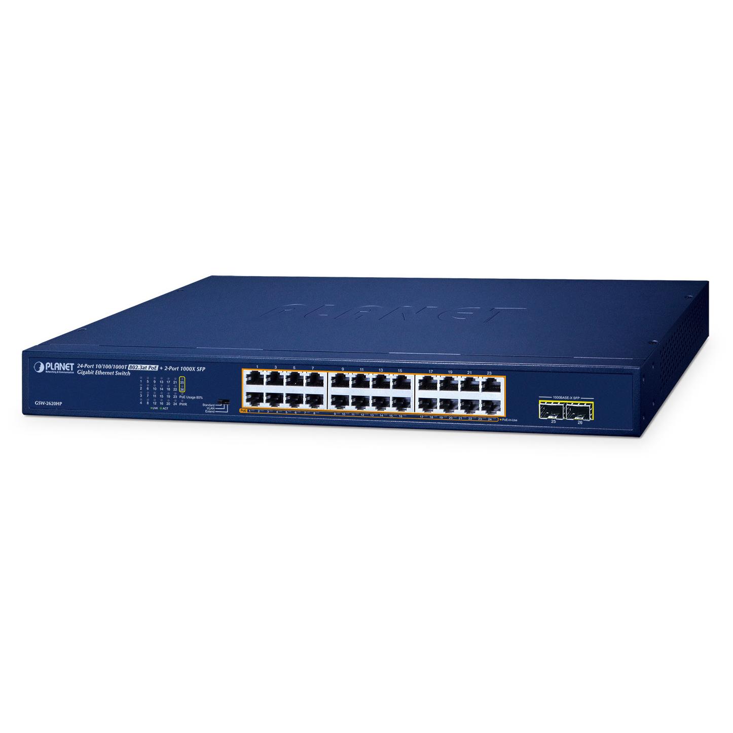 Planet GSW-2620HP 10G Ethernet Switch (100/1000/10000) with PoE, 24-Port RJ-45, 8000 MAC Entries, 52 Gbps Switching Capacity