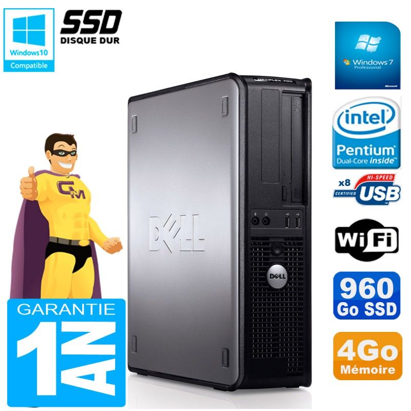 Dell Optiplex 780 DT Desktop PC - Intel E5300, 4GB RAM, 960GB SSD, DVD Burner, WiFi, Windows 7 Pro