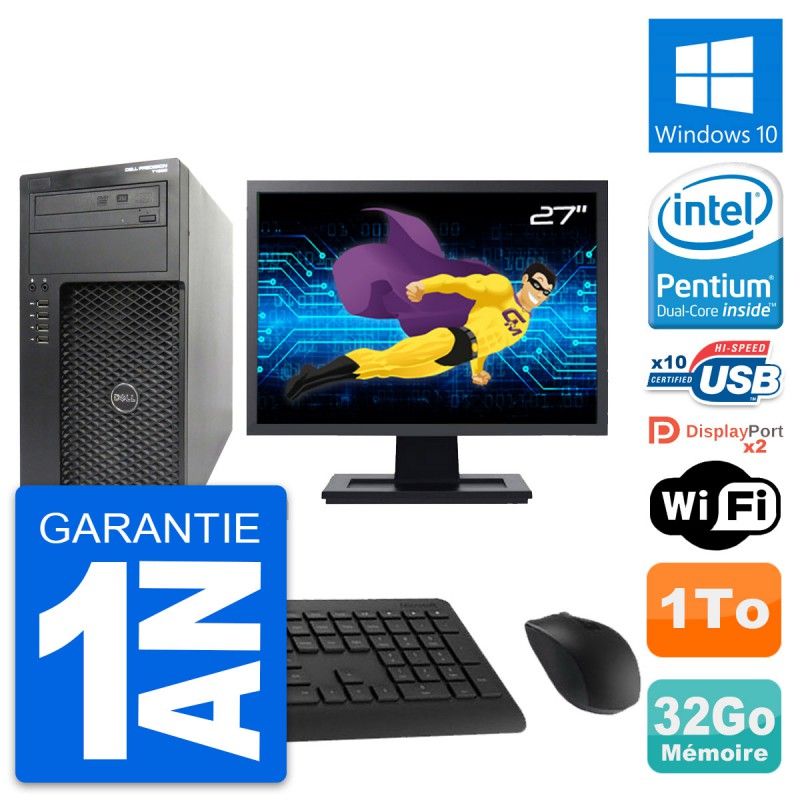 Dell Precision T1650 Desktop PC - 27" Screen, Intel Pentium G2020, 32GB RAM, 1TB HDD, Windows 10, WiFi