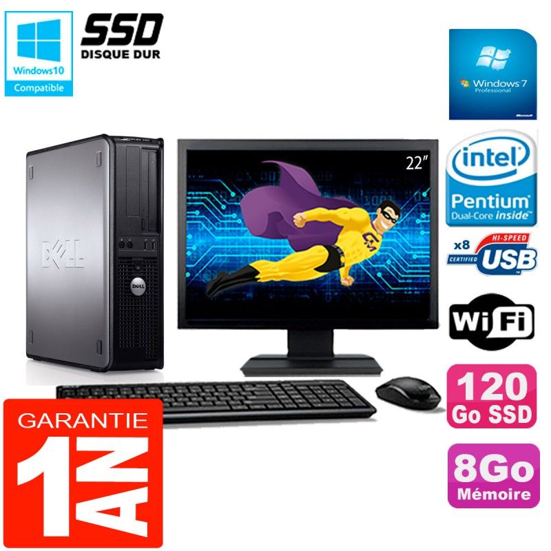 Dell Optiplex 780 DT Desktop Computer - 22" Screen, Intel Pentium E5300, 8GB RAM, 120GB SSD, WiFi, Windows 7 Pro