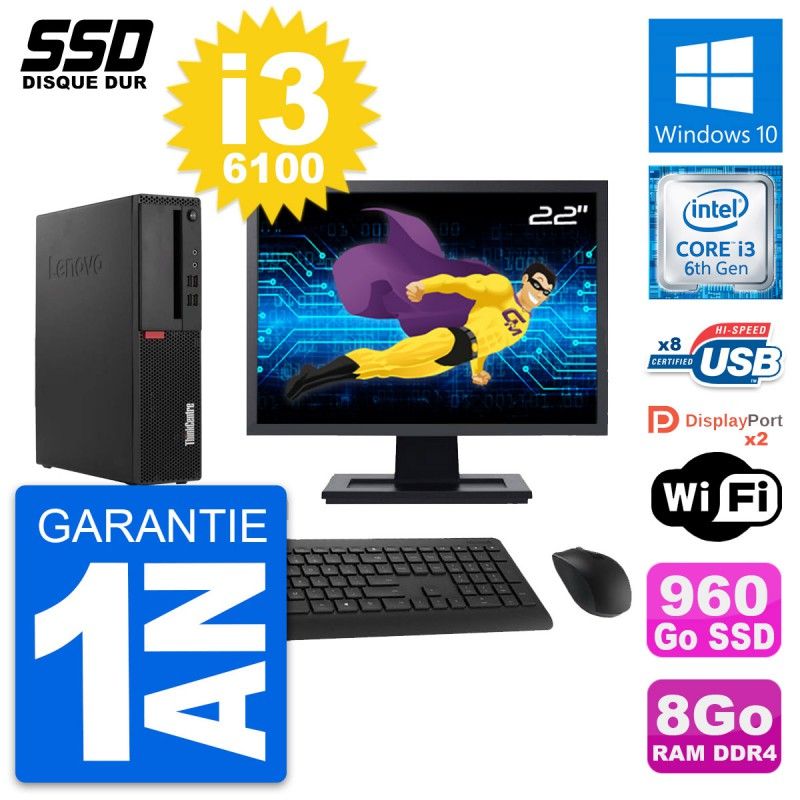 Lenovo M910s SFF Desktop Computer - 22" Screen, Intel i3-6100, 8GB RAM, 960GB SSD, Windows 10, Wifi