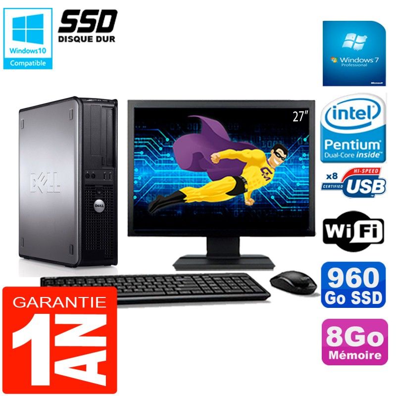 Dell Optiplex 780 DT Desktop Computer - 27" Screen, Intel E5300, 8GB RAM, 960GB SSD, WiFi, Windows 7 Pro