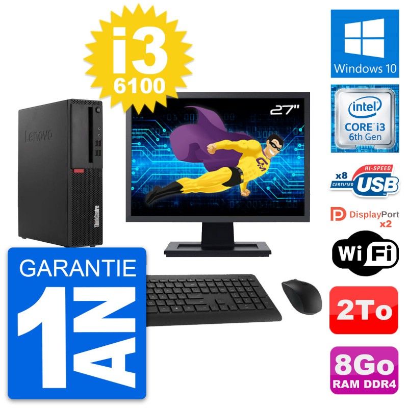 Lenovo M910s SFF Desktop Computer | 27" Screen | Intel i3-6100 | 8GB RAM | 2TB Storage | Windows 10