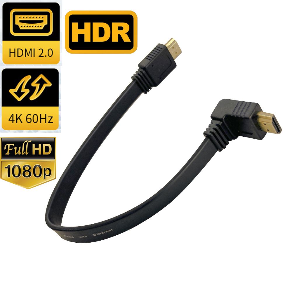 Cable HDMI doblado de 0,3 metros (90 grados) Nipseyteko, cordón corto plano HDMI 2.0 de 30 cm, 4K 60 Hz, 2,0 A macho a macho