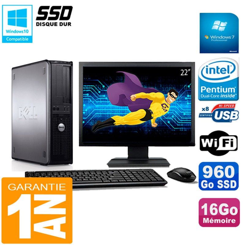 Dell Optiplex 780 DT Desktop Computer, 22" Screen, Intel E5300, 16GB RAM, 960GB SSD, WiFi, Windows 7 Pro