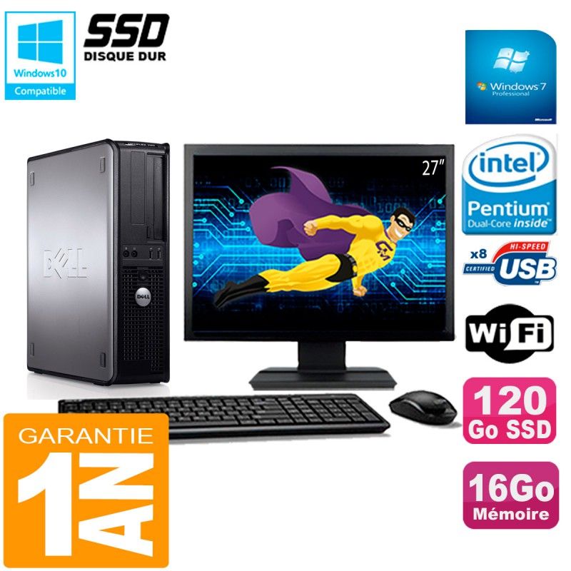 Dell Optiplex 780 DT Desktop Computer - 27" Screen, Intel E5300, 16GB RAM, 120GB SSD, WiFi, Windows 7 Pro