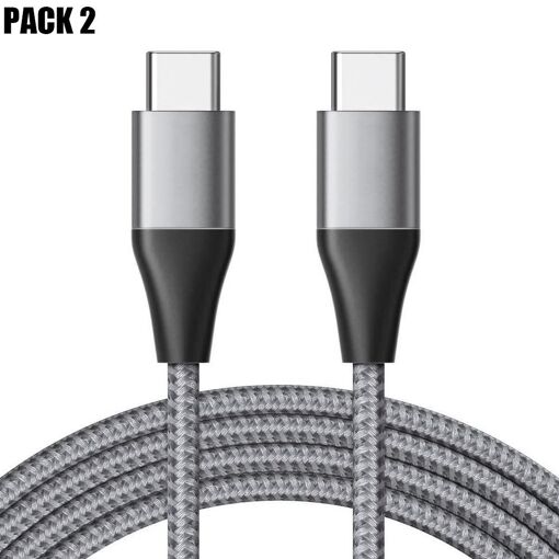 E.F.Connection USB-C to USB-C Fast Charge Cable 3A (2-Pack) - Gray Treated Nylon 1M for Google Pixel / 8 Pro / 8a / 7 / 7a / 7 Pro / 6 / 6 Pro