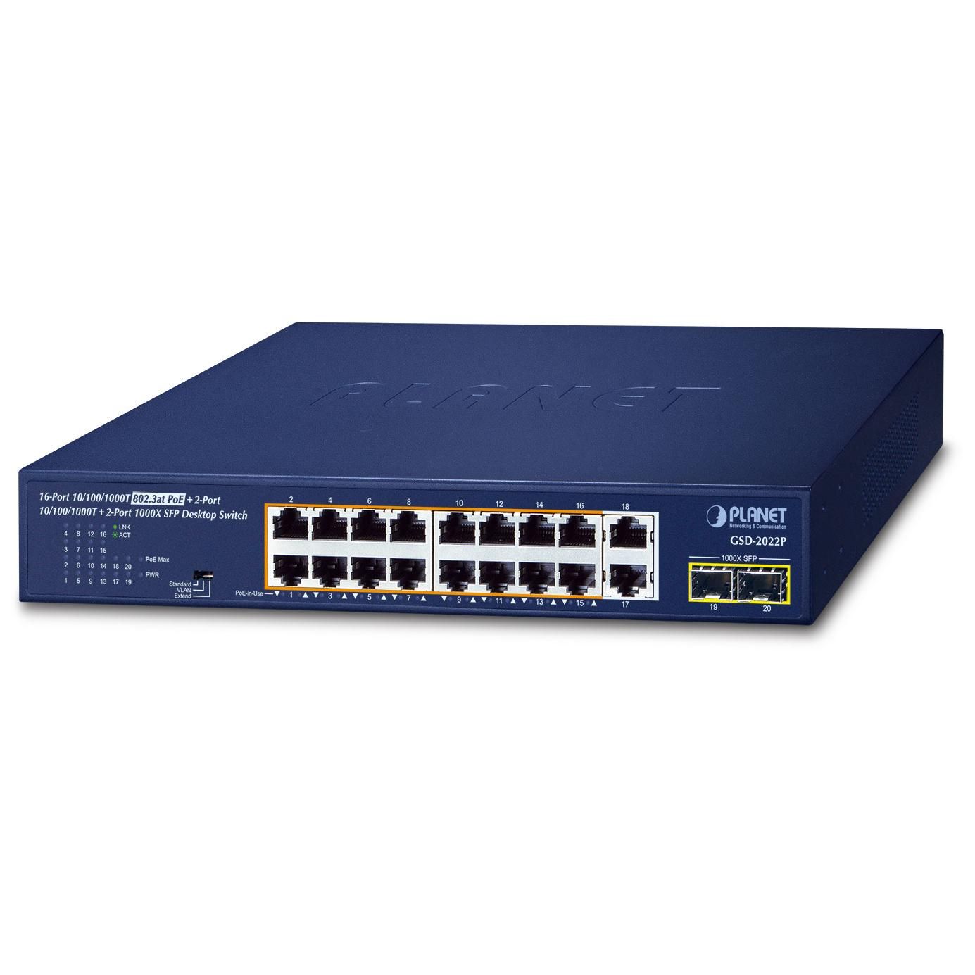 Planet 16-Port Gigabit Ethernet Switch (PoE) - Blue