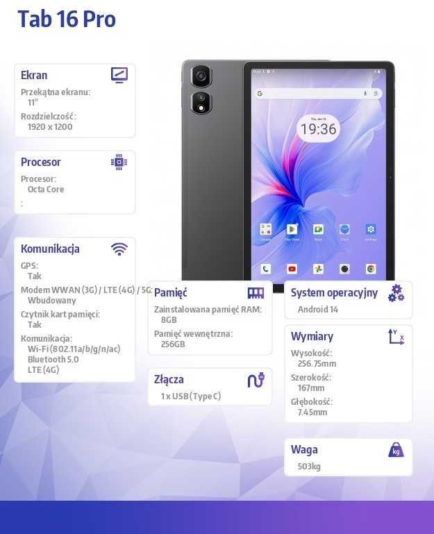 Blackview TAB 16 Pro (Double SIM, Android 14, 11', 4G/LTE, 256GB, 8GB RAM)