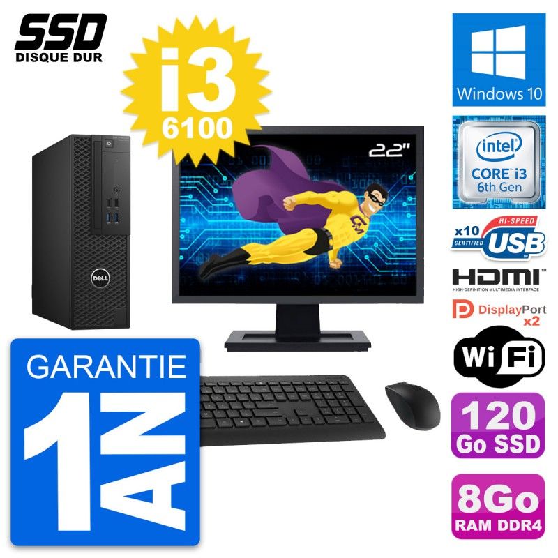 Dell T3420 SFF Desktop Computer - 22" Screen, Intel i3-6100, 8GB RAM, 120GB SSD, HDMI, Windows 10, WiFi