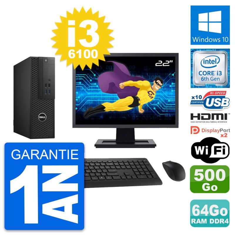 Dell T3420 SFF Desktop Computer - 22" Screen, i3-6100, 64GB RAM, 500GB HDD, HDMI, WiFi